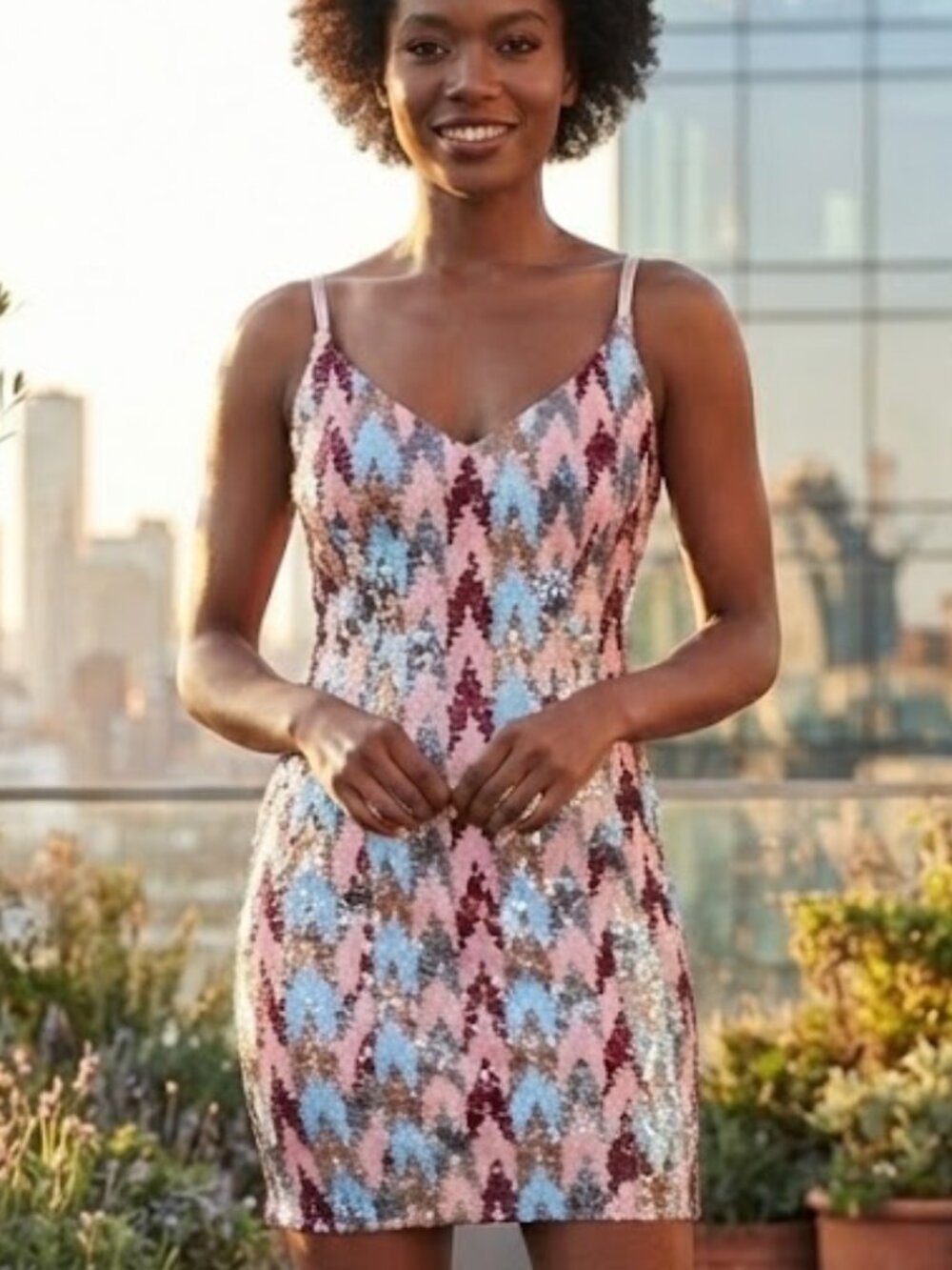 Black Halo Eve Sequin Slip Mini Dress in Pastel Blue, Pink, Cream and Brown   4